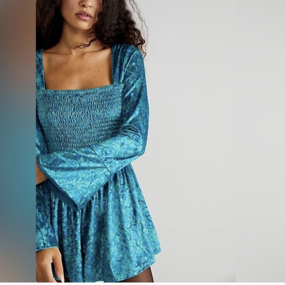 Free People- Blue and Green Floral Velour Bell Sleeve Romper - Size Large